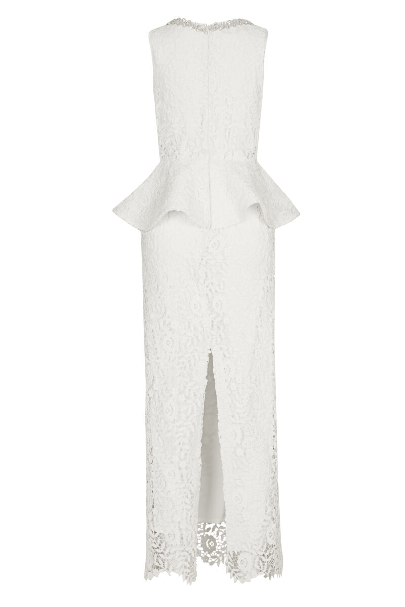 Kalira Dress – White Lace Crystal-Embellished Peplum Midi Dress