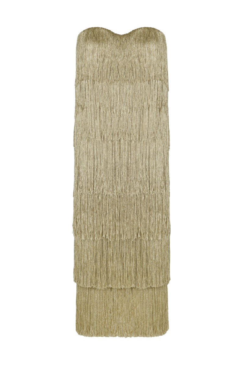 Strapless Gold Fringe Midi Dress