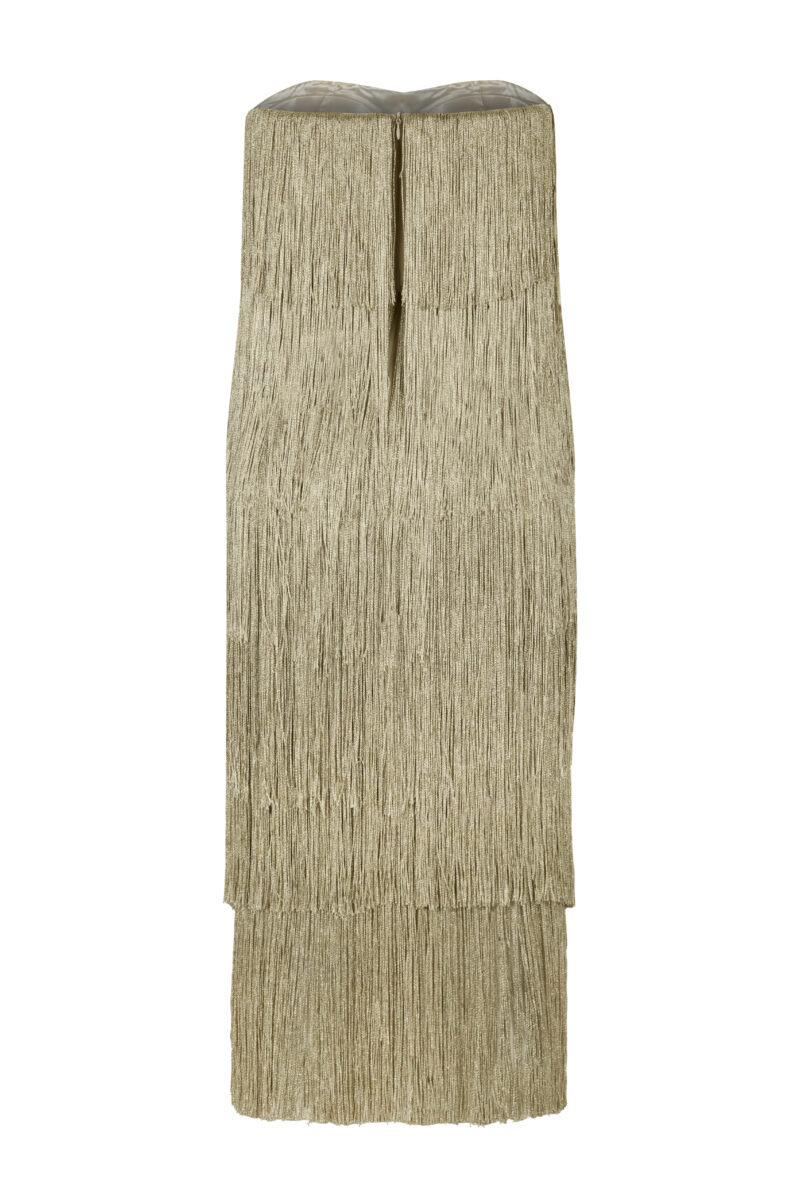 Strapless Gold Fringe Midi Dress
