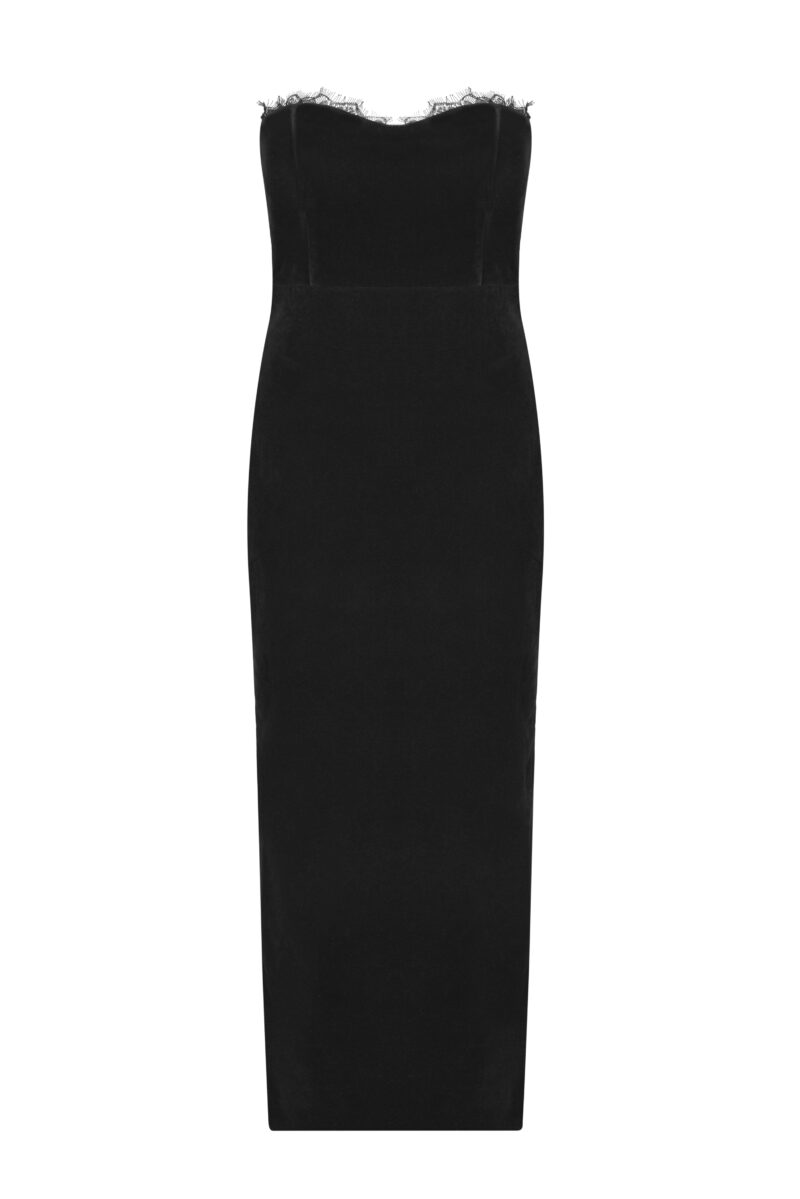 Delara Strapless Lace-Trim Velvet Maxi Dress