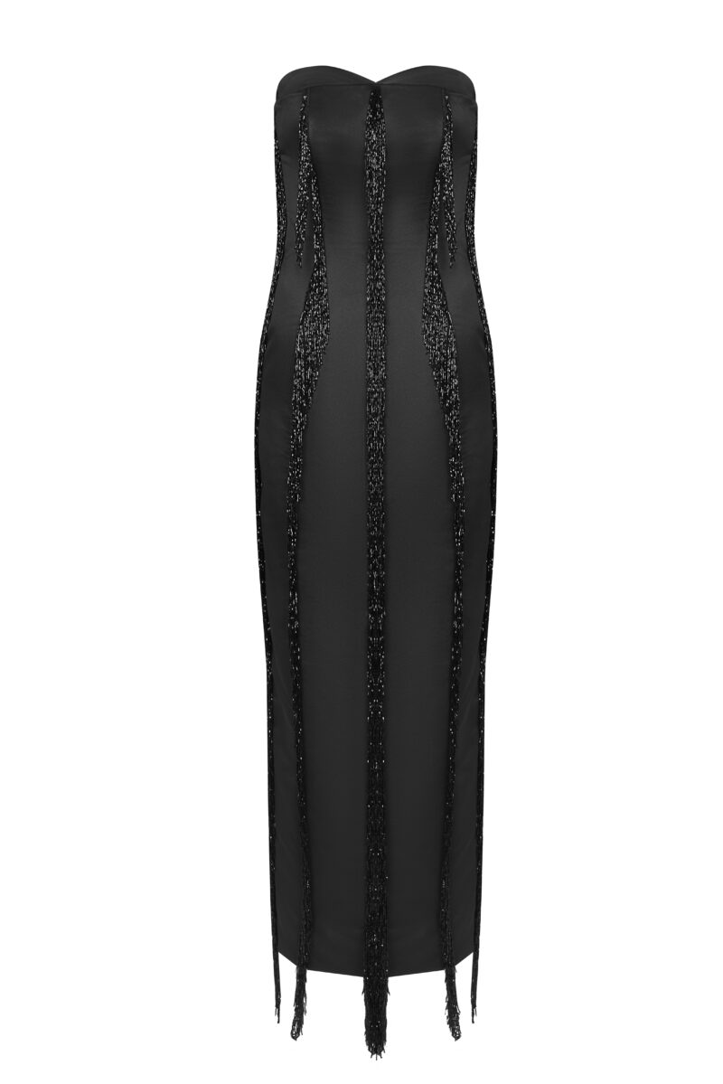 Kristy Strapless Crepe Maxi Dress with Beaded Fringe