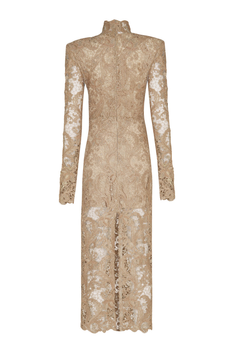 Lia High-Neck Nude Lace Midi Dress