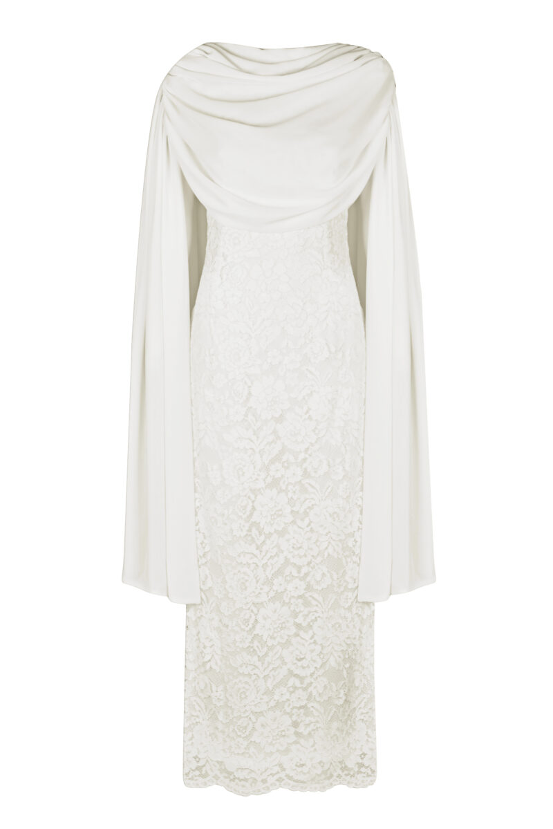 Zafira Dress – White Lace Cape Midi Gown