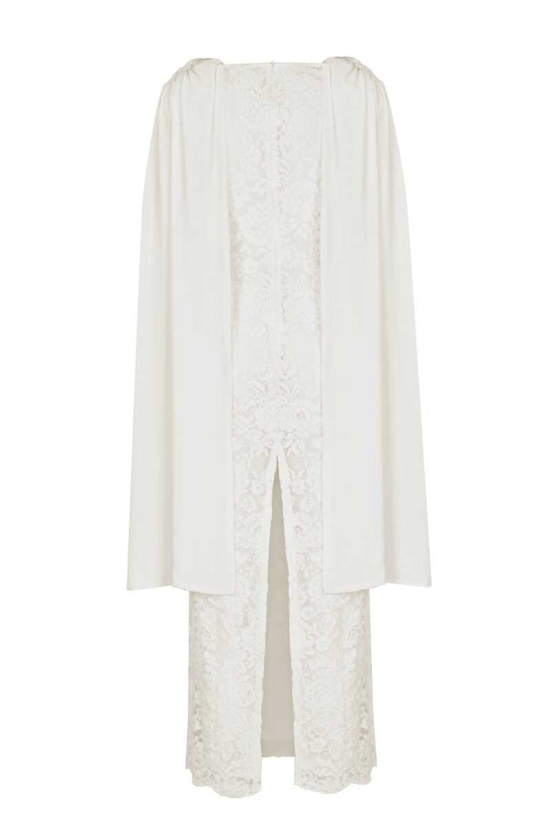 Zafira Dress – White Lace Cape Midi Gown