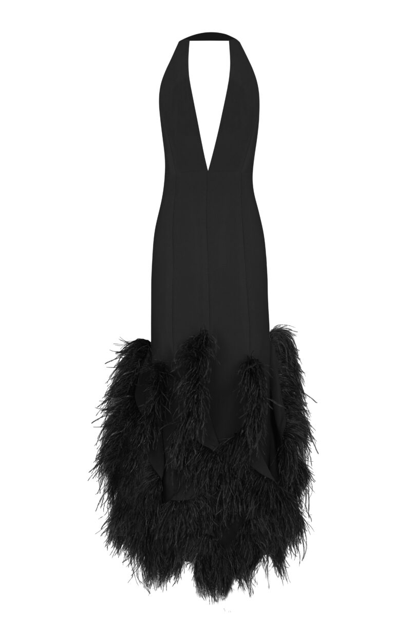 Amaline Dress – Black Crepe Halter Feather Gown