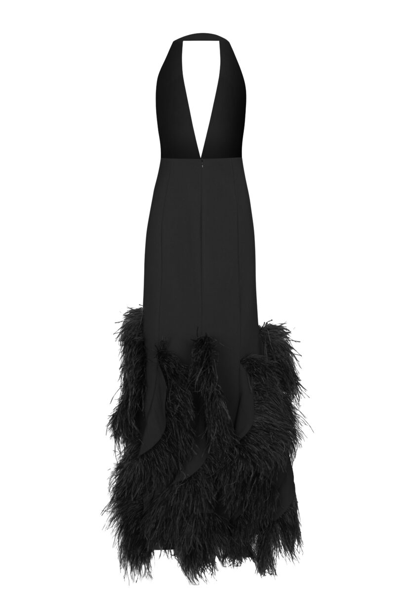 Amaline Dress – Black Crepe Halter Feather Gown