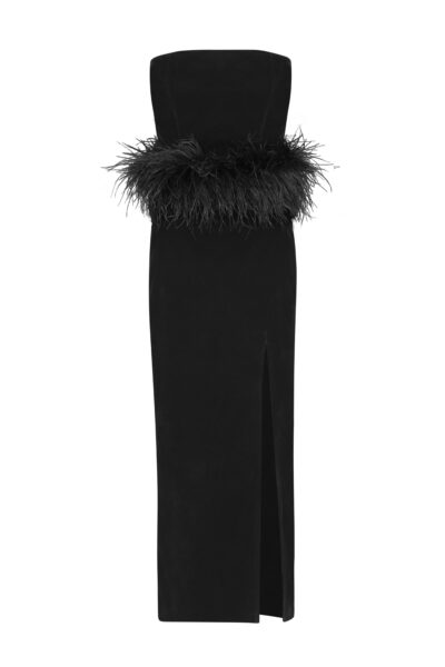Aurel Velvet Dress – Strapless Feather Detail Midi Gown