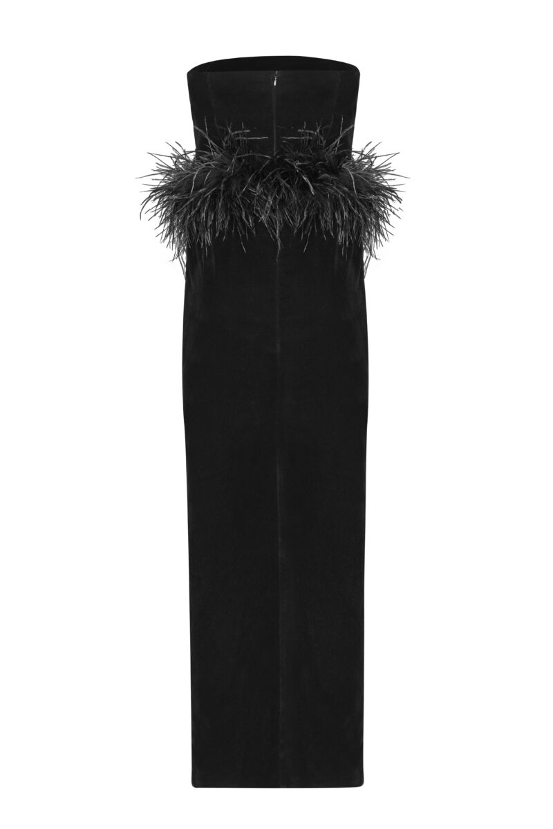 Aurel Velvet Dress – Strapless Feather Detail Midi Gown