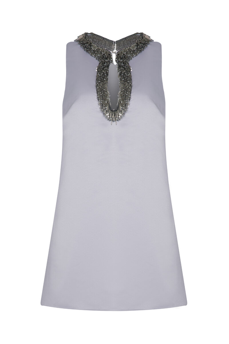 Melia Dress – Silver Matt Satin Embellished Mini Dress