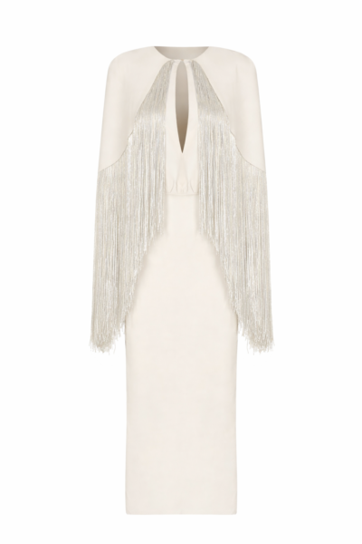 Bianca Fringe Cape Crepe Evening Gown