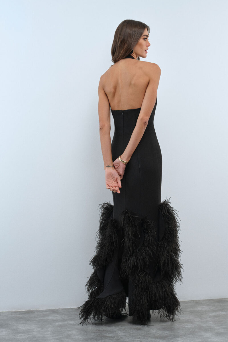 Amaline Dress – Black Crepe Halter Feather Gown