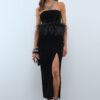 Aurel Velvet Dress – Strapless Feather Detail Midi Gown