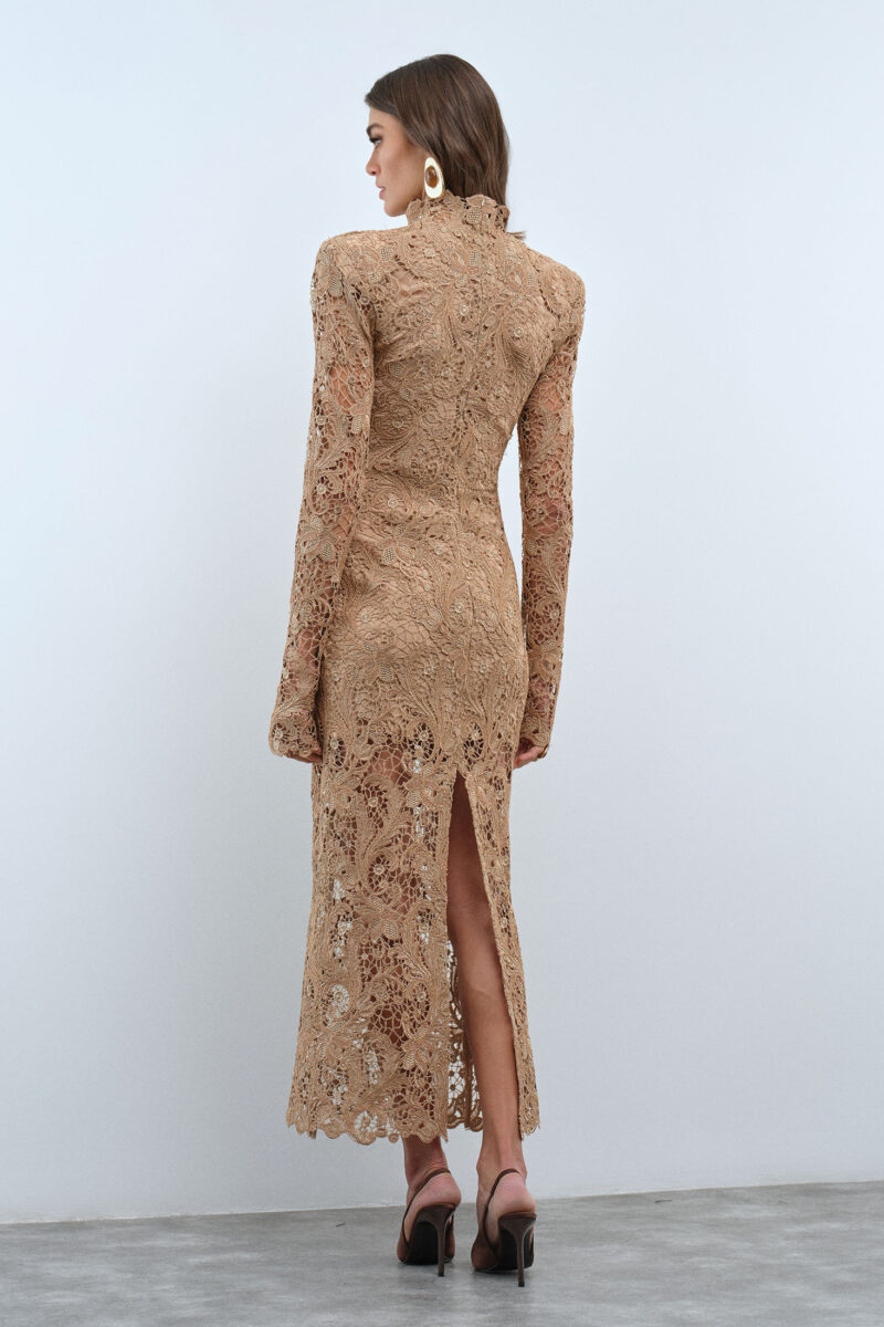 Lia High-Neck Nude Lace Midi Dress