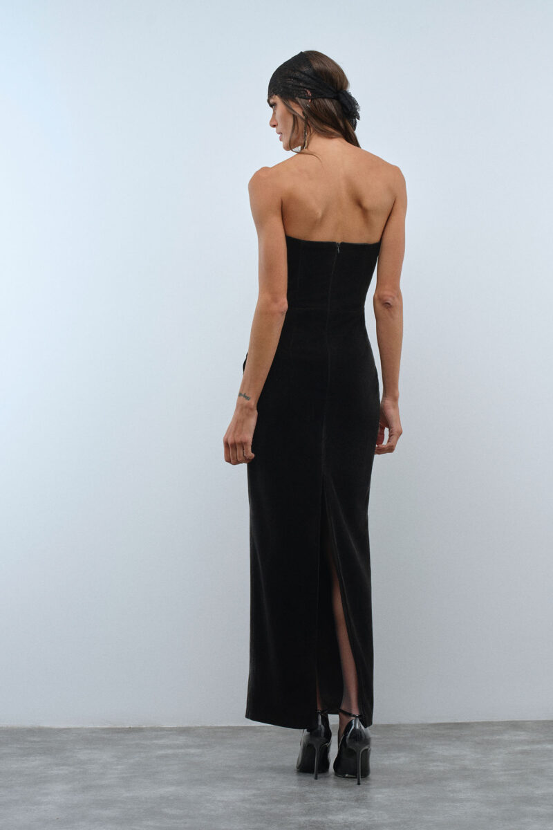 Delara Strapless Lace-Trim Velvet Maxi Dress