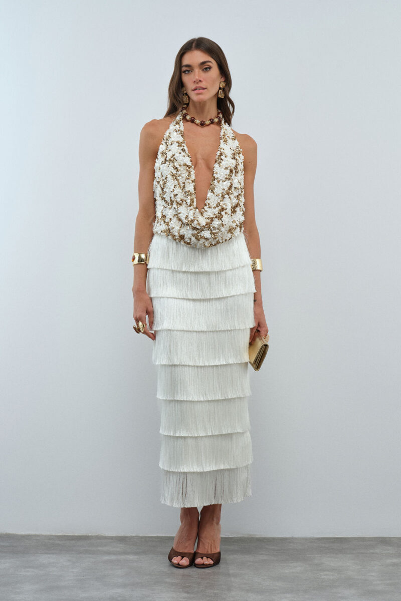 Liora Dress – Ivory Sequin Halter Fringe Gown