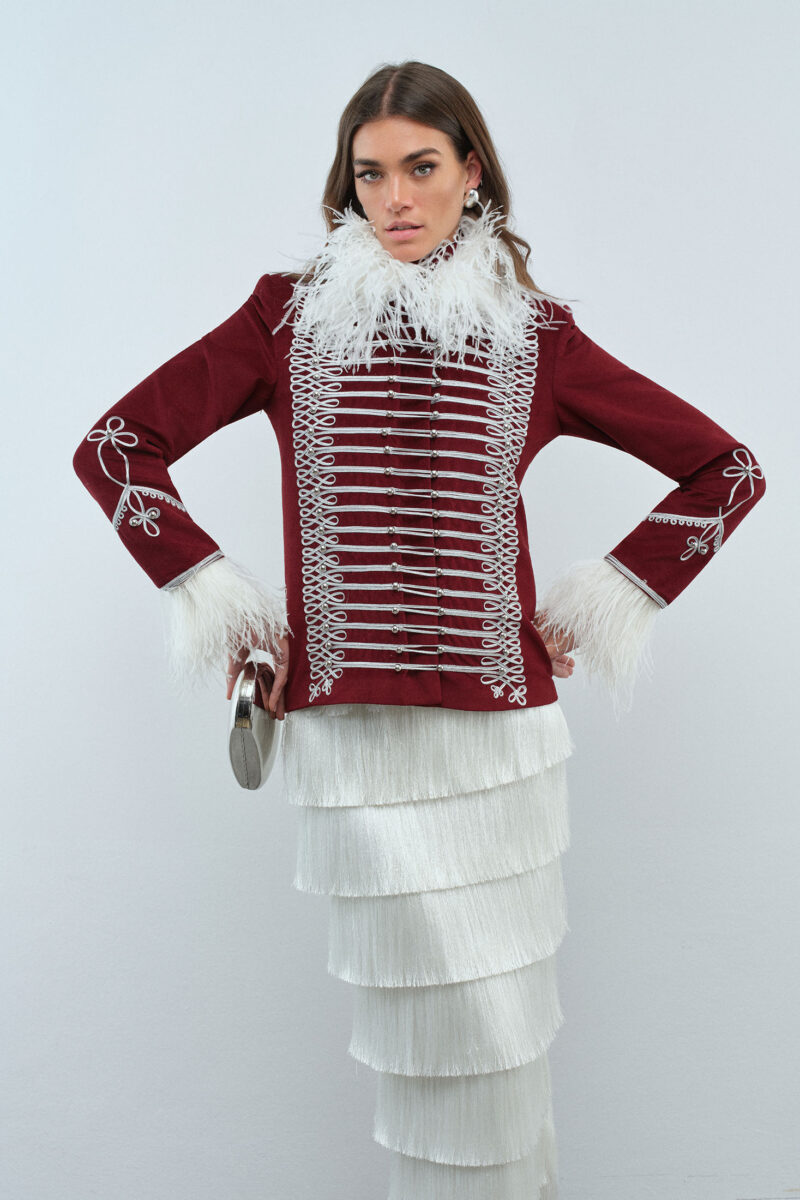 Vireya Blazer – Red Feather Trim Statement Blazer