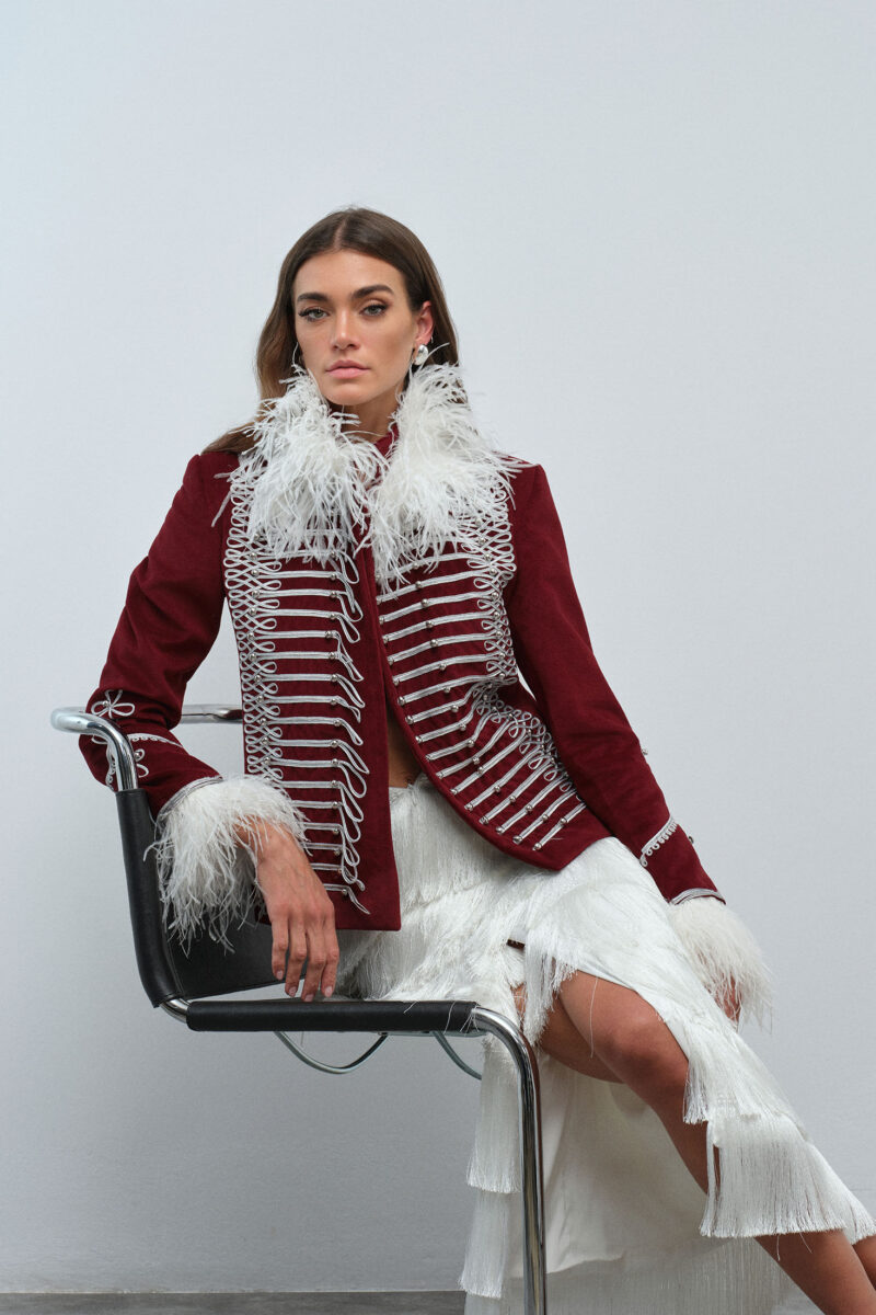 Vireya Blazer – Red Feather Trim Statement Blazer