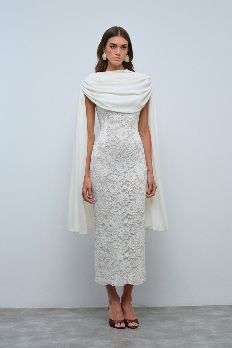 Zafira Dress – White Lace Cape Midi Gown