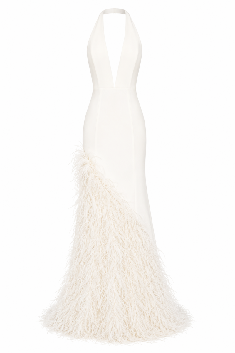 Taylor Off-White Halter Crepe Gown with Ostrich Feathers