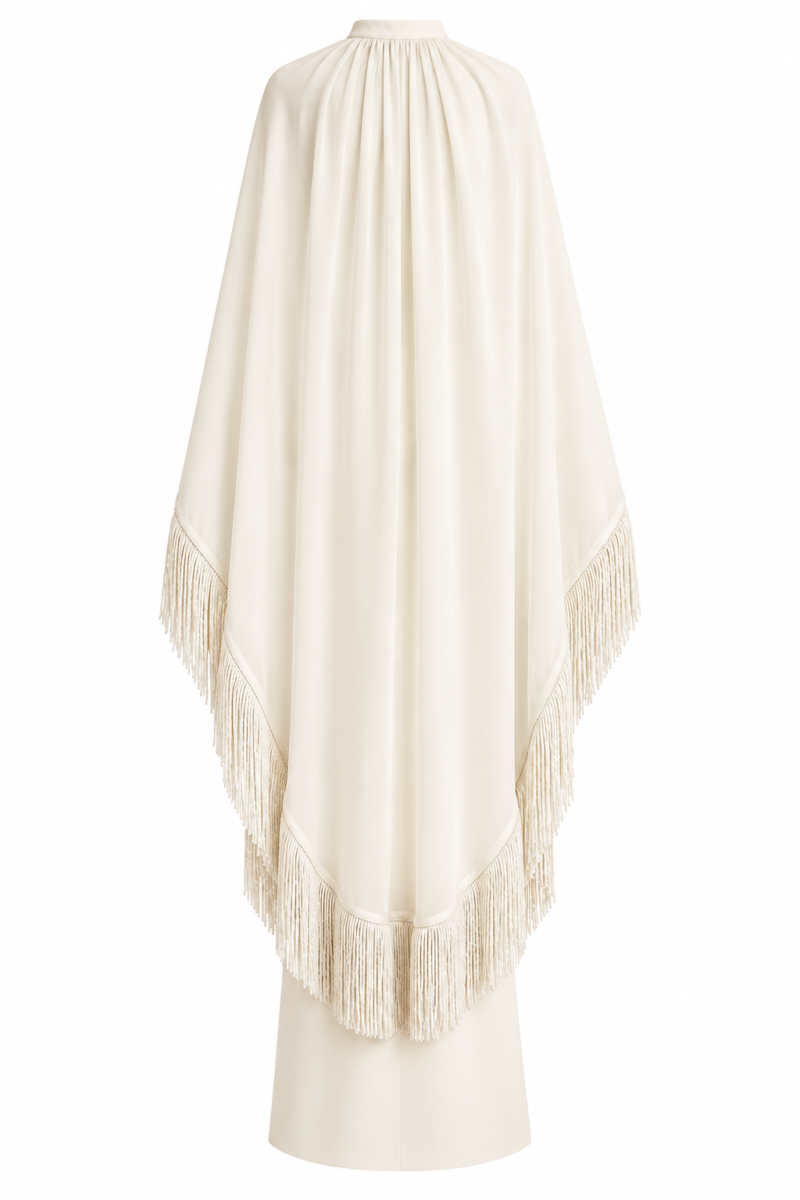 Zoe Chiffon Cape Gown with Fringe – Off White
