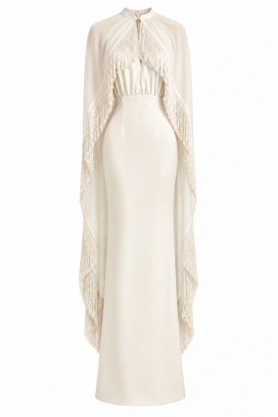Zoe Chiffon Cape Gown with Fringe – Off White