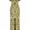 Nana Gotti Aelia maxi dress back view featuring olive-green botanical print, sculptural strapless ruffles, and fringe-trimmed hem.