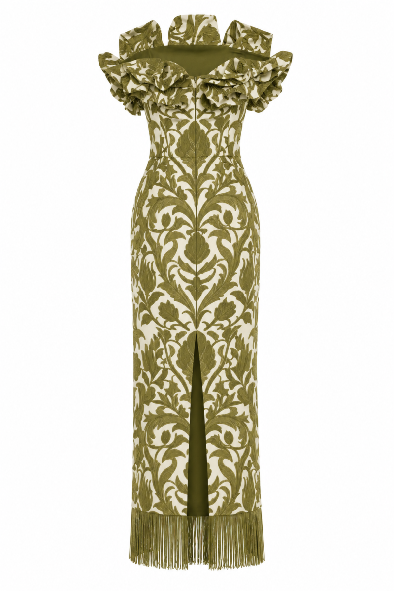 Nana Gotti Aelia maxi dress back view featuring olive-green botanical print, sculptural strapless ruffles, and fringe-trimmed hem.