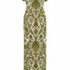Aelia Strapless Ruffle Fringe Maxi Dress by Nana Gotti in ivory with olive-green botanical print, sculptural ruffles and fringe hem
