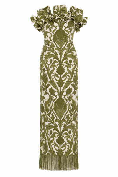 Aelia Strapless Ruffle Fringe Maxi Dress by Nana Gotti in ivory with olive-green botanical print, sculptural ruffles and fringe hem
