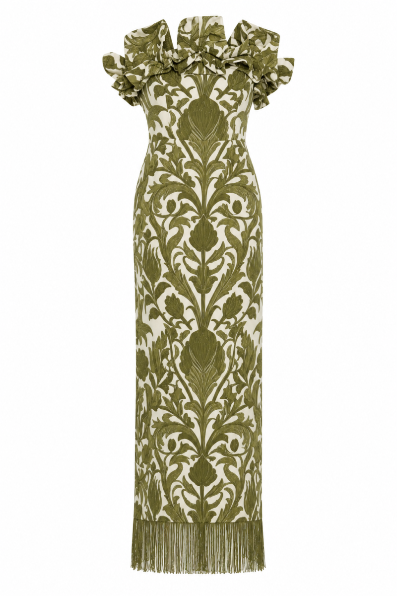 Aelia Strapless Ruffle Fringe Maxi Dress by Nana Gotti in ivory with olive-green botanical print, sculptural ruffles and fringe hem