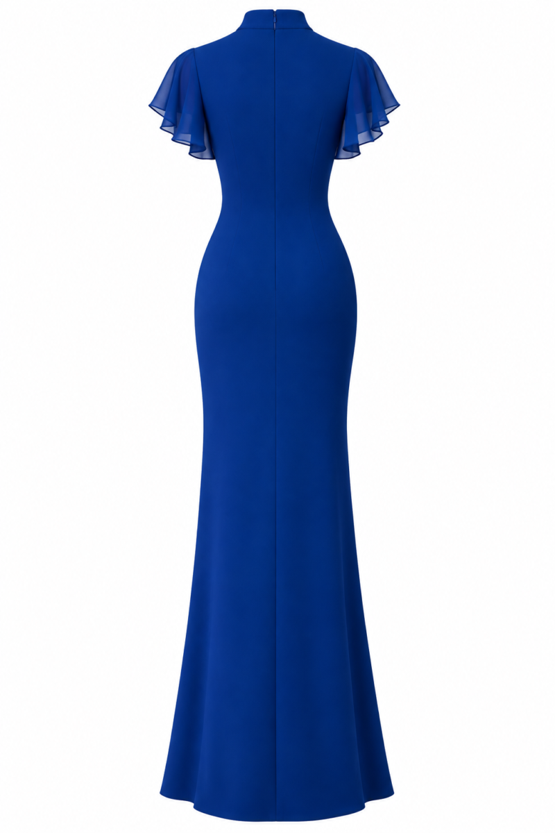Back view of the Nana Gotti Azura cobalt blue maxi dress with sheer chiffon flutter sleeves, fitted waist, concealed zipper, and flared floor-length skirt