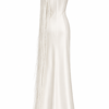 Back view of the Nana Gotti Ay Viscose Satin Fringe Maxi Dress in ivory, featuring a high halter neckline, fitted satin silhouette, concealed back zipper, and dramatic cascading fringe extending to the floor-length hem.