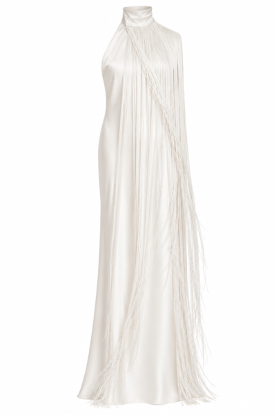 Front view of the Nana Gotti Ay Viscose Satin Fringe Maxi Dress in ivory, featuring a high halter neckline, dramatic cascading fringe detailing, and an elegant floor-length satin silhouette.
