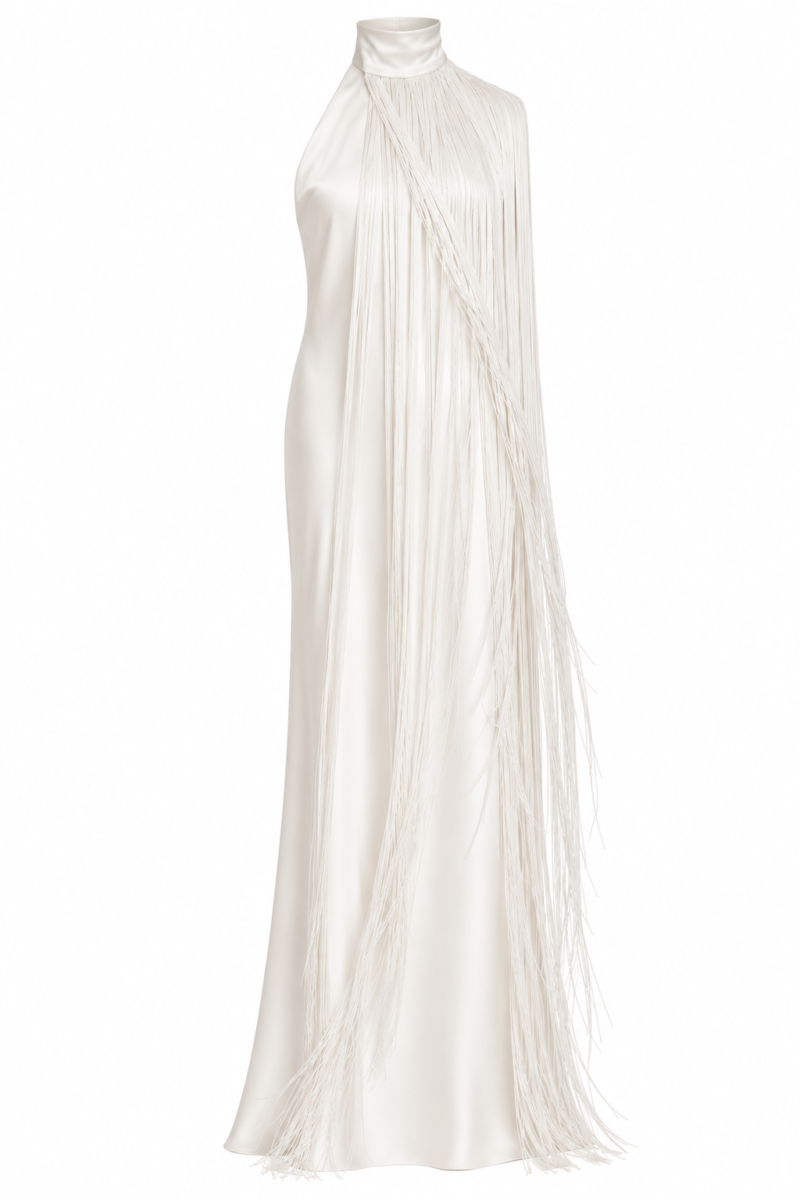 Front view of the Nana Gotti Ay Viscose Satin Fringe Maxi Dress in ivory, featuring a high halter neckline, dramatic cascading fringe detailing, and an elegant floor-length satin silhouette.