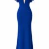 Nana Gotti Azura cobalt blue crepe-back satin maxi dress, front view featuring a high mandarin collar, tassel keyhole neckline, and chiffon flutter sleeves.
