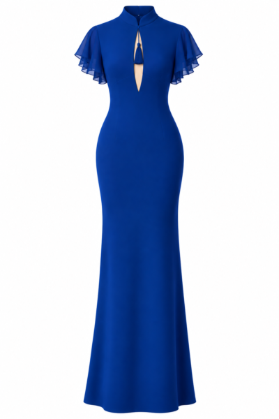 Nana Gotti Azura cobalt blue crepe-back satin maxi dress, front view featuring a high mandarin collar, tassel keyhole neckline, and chiffon flutter sleeves.