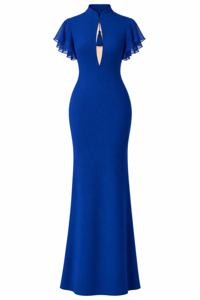 Nana Gotti Azura cobalt blue crepe-back satin maxi dress, front view featuring a high mandarin collar, tassel keyhole neckline, and chiffon flutter sleeves.