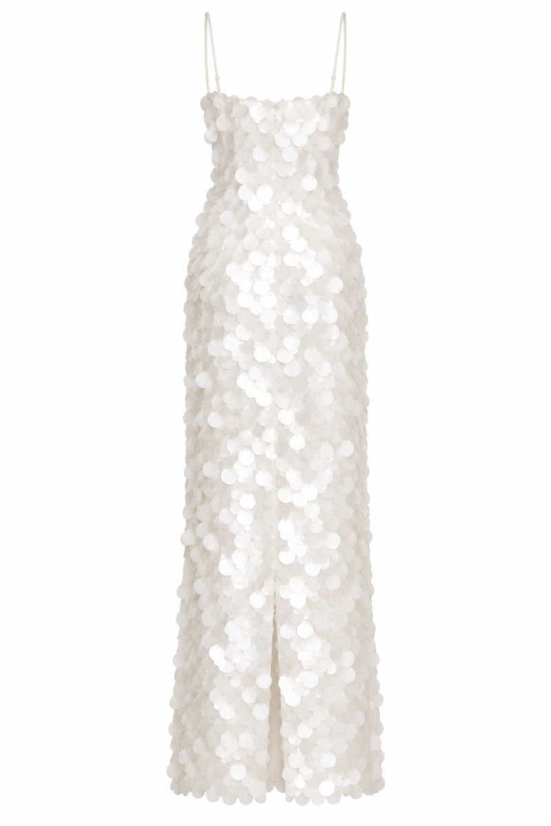 Back view of Nana Gotti Calista Ivory Mother-of-Pearl Sequin Maxi Dress featuring thin spaghetti straps, shimmering oversized sequins, and a straight maxi silhouette.