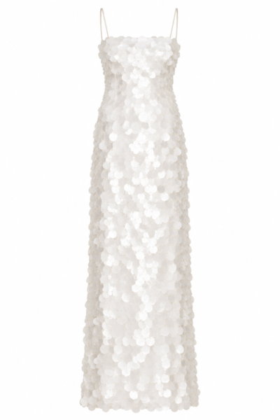 Calista Ivory Mother-of-Pearl Sequin Maxi Dress by Nana Gotti featuring delicate spaghetti straps, oversized circular sequins, and an elegant fitted silhouette, front view.