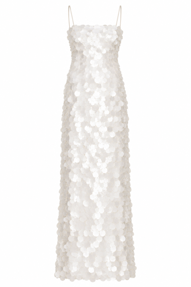 Calista Ivory Mother-of-Pearl Sequin Maxi Dress by Nana Gotti featuring delicate spaghetti straps, oversized circular sequins, and an elegant fitted silhouette, front view.
