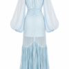 Ege Light Blue Chiffon Fringe Midi Dress by Nana Gotti with high neckline, ruched bodice, sheer sleeves, and dramatic cascading fringe.