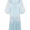 Ege Light Blue Chiffon Fringe Midi Dress by Nana Gotti with sheer balloon sleeves and fringe hem