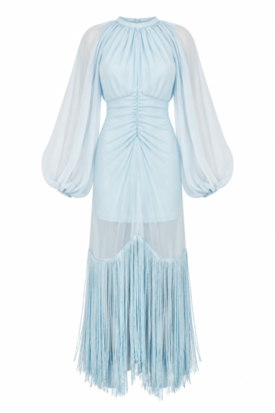 Ege Light Blue Chiffon Fringe Midi Dress by Nana Gotti with sheer balloon sleeves and fringe hem