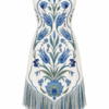 Lale Strapless Fringe Mini Dress by Nana Gotti in ivory with blue İznik-inspired floral print and multicolored fringe hem, front view.