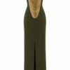 Back view of Lara Olive Green Crepe Chain-Drape Maxi Dress by Nana Gotti featuring cascading gold-tone chains and back slit