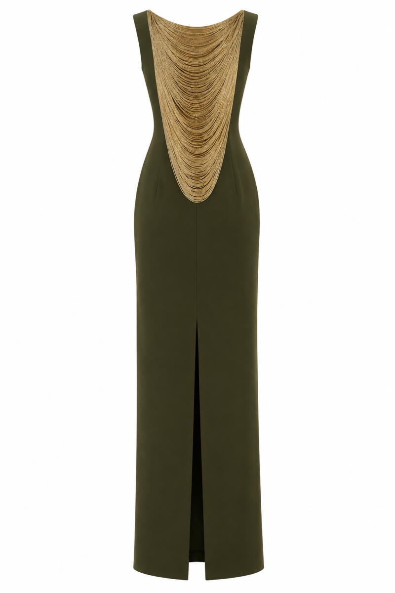 Back view of Lara Olive Green Crepe Chain-Drape Maxi Dress by Nana Gotti featuring cascading gold-tone chains and back slit