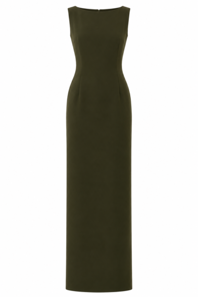 Lara Olive Green Crepe Chain-Drape Maxi Dress by Nana Gotti, front view with elegant round neckline
