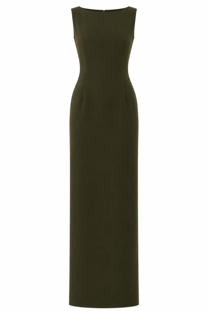 Lara Olive Green Crepe Chain-Drape Maxi Dress by Nana Gotti, front view with elegant round neckline