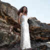 Calista Ivory Mother-of-Pearl Sequin Maxi Dress by Nana Gotti featuring delicate spaghetti straps, oversized circular sequins, and an elegant fitted silhouette, front view.