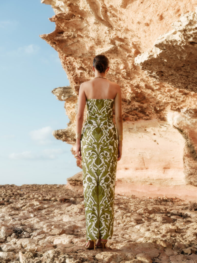 Back view of the Flora floral twill satin maxi dress by Nana Gotti.